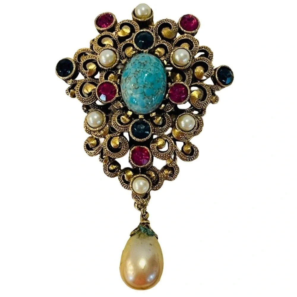 Vintage Gold Tone and Turquoise Brooch with Pearl Drop